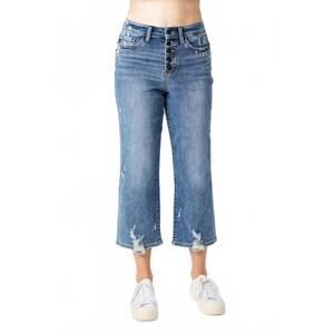NEW JUDY BLUE high waist destroy button fly wide leg crop jeans in medium wash